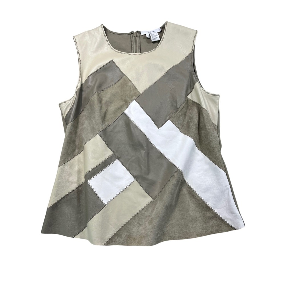 Per Se Genuine Leather Patchwork Shell Top Women's 14‎ Colorblock Sleeveless